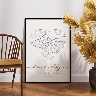 Where We First Met Personalised Heart Map Print of City Custom Poster with Frame