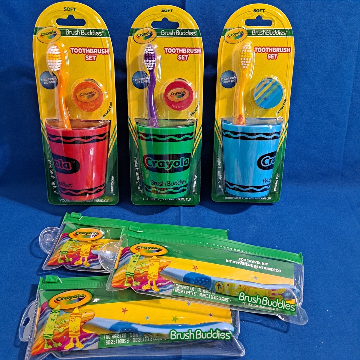 New Lot 6 CRAYOLA TOOTHBRUSH SET Brush Buddies Rinsing Cup Cap
