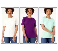 Denim & Co. Essentials Crew Neck Short Sleeve 3-Pack Tops-Ntl/Prp/Grn-XS A596547