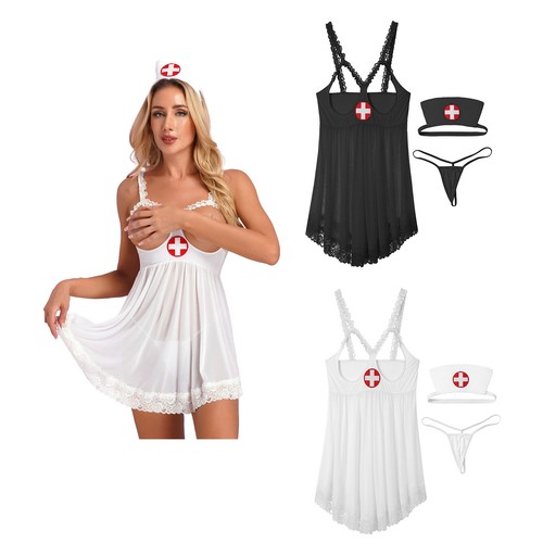 Womens Uniform Costume Lingerie Set Cutout Cups Dress See-through Thong Nurse - Picture 1 of 32