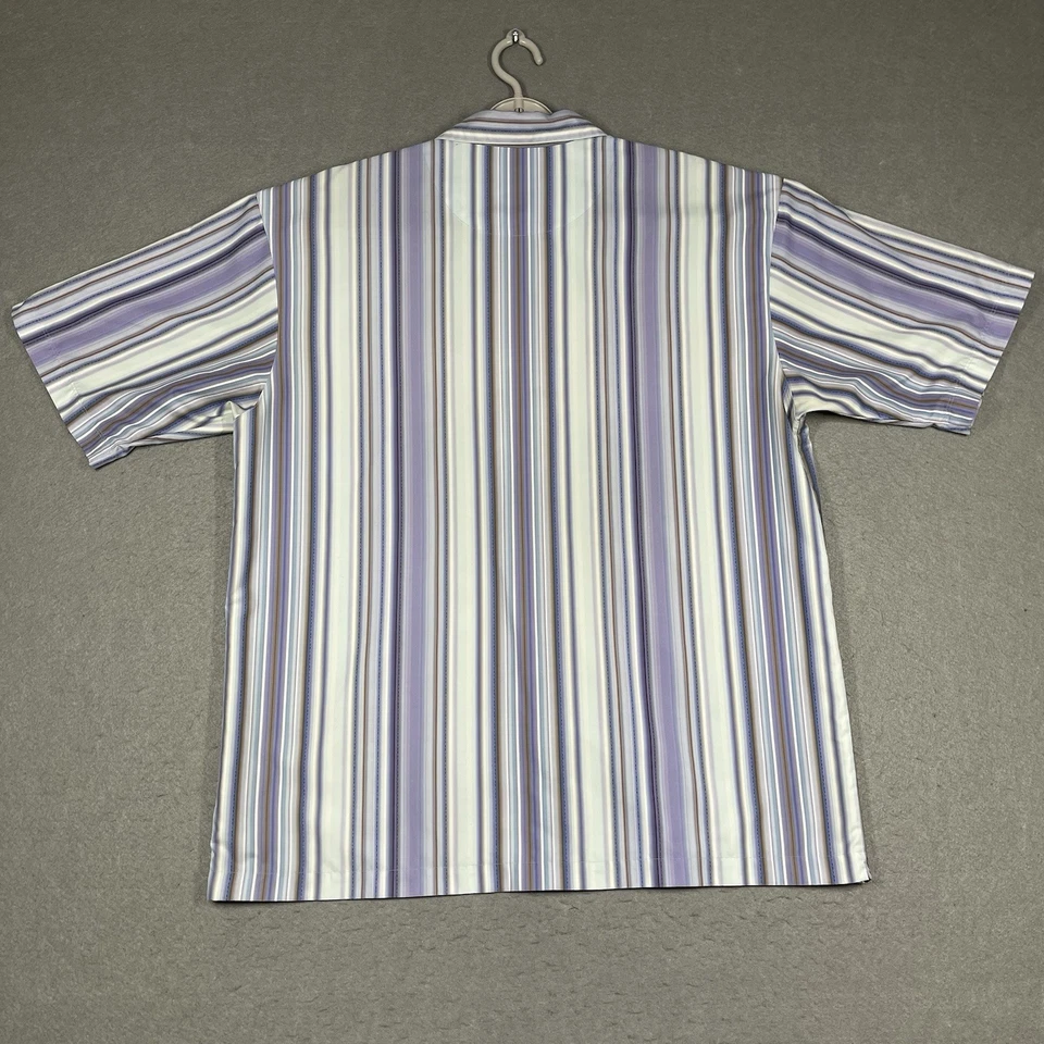Camisa De Colección Tiger Woods Para Hombres XL Púrpura Azul Rayas Retro Manga Corta Abotonada Foto 3 de 4