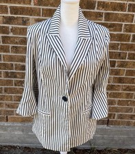 CAbi Striped One Button Blazer Jacket Flared 3/4 Sleeves White /Blue Sz S