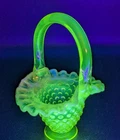 Fenton Glass Vaseline Topaz Opalescent Hobnail Ruffled Mini Basket  - Glows