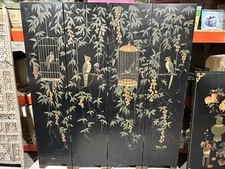 Hand-Painted Asian Folding Screen 4-Panel Birds & Lotus – Vintage Room Divider