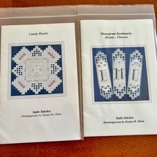 Hardanger Patterns Candy Hearts & Monogram Bookmarks Hearts Flowers Lot of 2