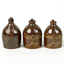 Antique Little Brown Jug Incised Albany Slip Glaze Miniature Stoneware Jug Trio