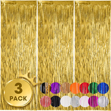 3 Pack Gold Foil Fringe Backdrop Curtains Party Decoration 3.3x8.2Ft