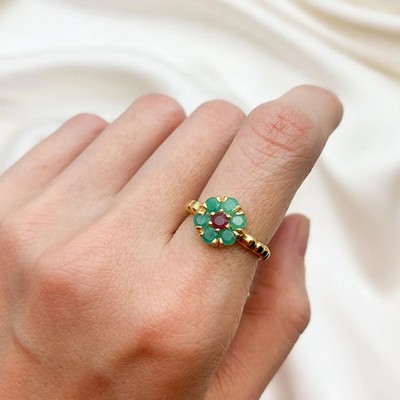 Lab Created Flower Ring, Vintage Emerald Ring, Ruby Gold Plated 925 Silver Ring
