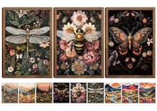 Retro Insect Bee Butterfly Dragonfly Wall Art Set Of 3 12x16In Wood Framed, w...