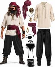 10PCS Pirate Costume for Men, Renaissance Medieval Viking Outfit for Halloween C