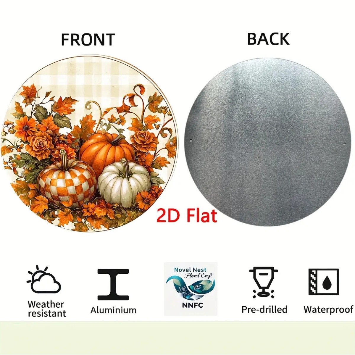Round Aluminum Metal Wall Sign Autumn Pumpkin Wreath Design