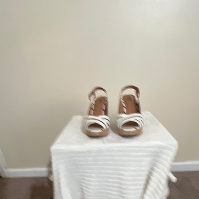 Coach and Four White/Navy Striped Wedge Slingback Buckle Open Toe Women s 10