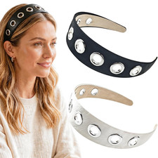 2 Pack Wide Eyelet Headbands for Women - Punk PU Leather Metal Goth Hair Accesso