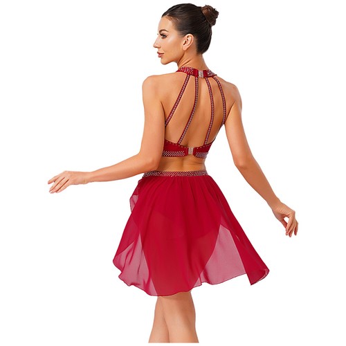 Women Sleeveless Lyrical Dance Outfit Ruched Shiny Crop Top Irregular Skirt - Picture 13 of 186