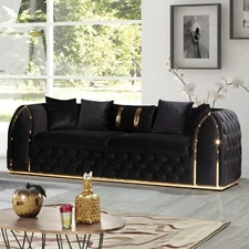 Charisma Velvet Sofa Set - Tufted Cushions & Gold Accents, Black