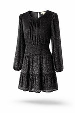 Michael Kors Black Leopard Print Dress Size M Long Sleeve Shear Smocked Mini