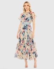 MAC DUGGAL Floral Chiffon High Neck Flutter Sleeve Dress Blue Multi SZ 14 $598