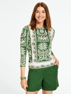 Talbots Bateau Neck Tee - Tropical Damask, IVORY/GROVE GREEN, Misses