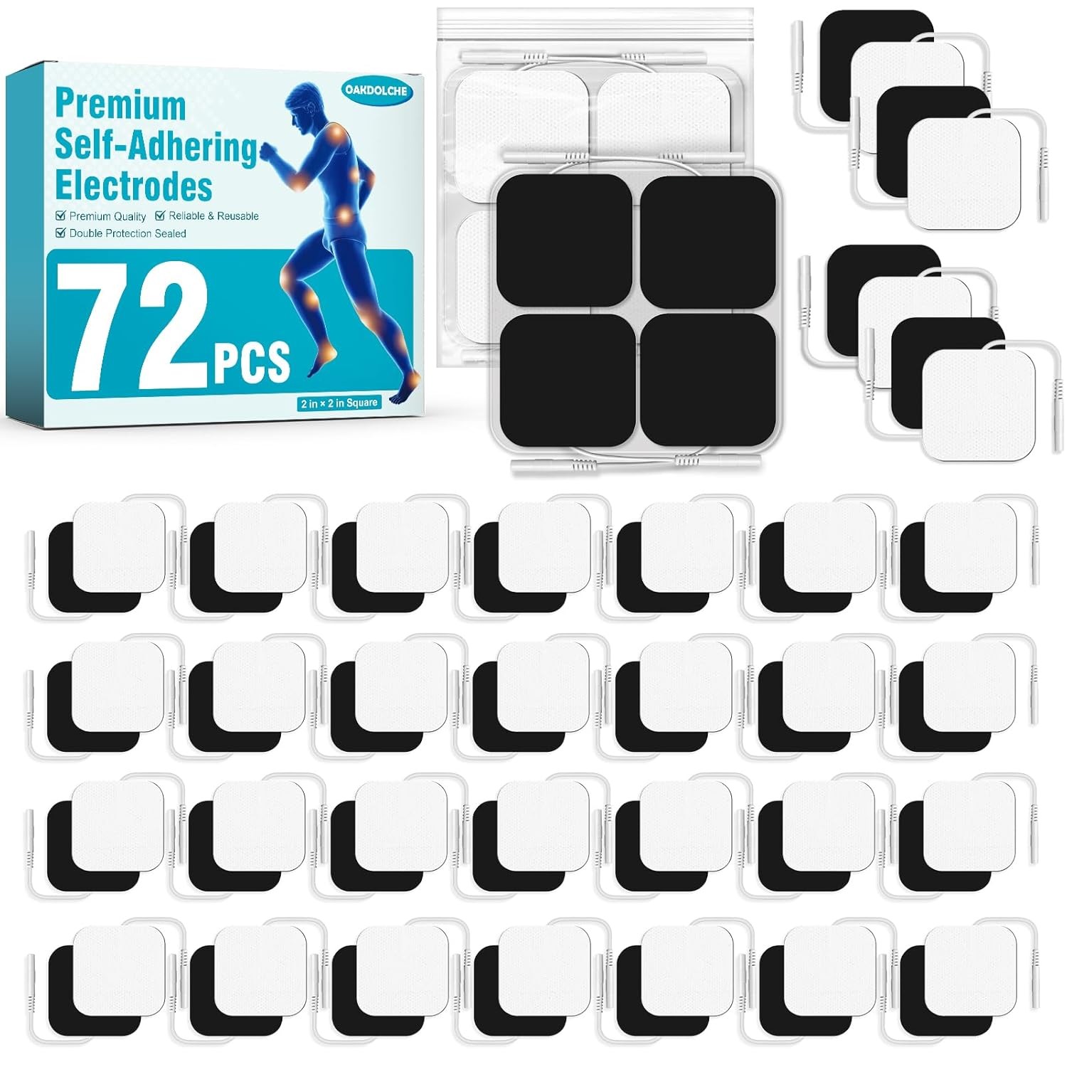 72PCS TENS Unit Pads (2"x2"), Reusable Self-Adhesive Electrodes with... 