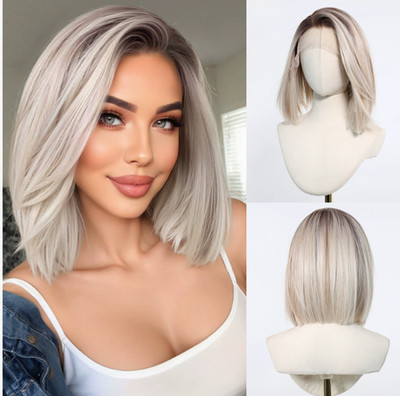 10'' Straight Bob Rooted Lace Frontal Cap Heat Resistant Fiber Wig Women Soft