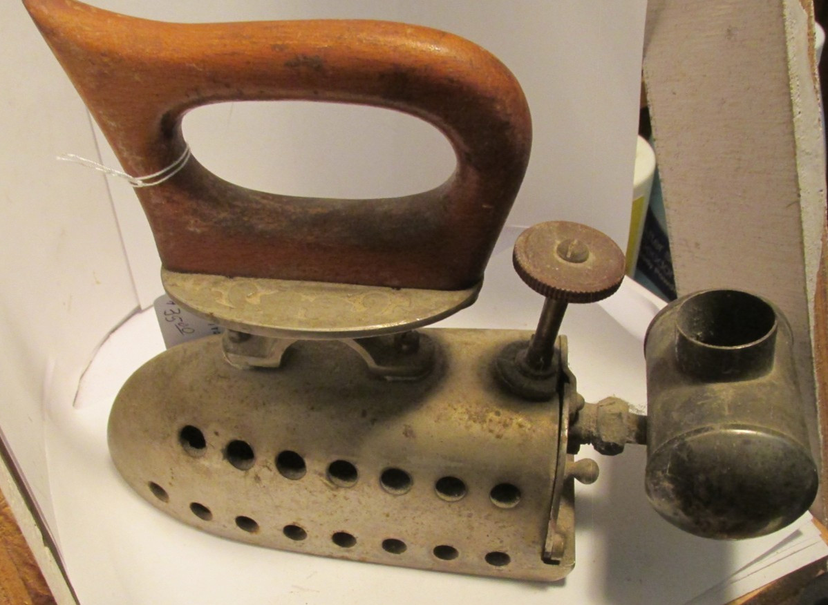 antique gas heated sad iron wood handle 8" long 6" tall heavy steel  stainless