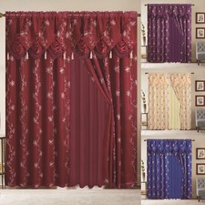 Window Curtain Blue Gold Linda Collection 2 PCS Set with Valance Luxury Curtain