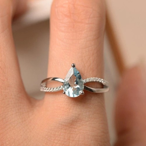 1.25Ct pear cut Natural Aquamarine &Diamond Engagement Ring 14K Solid White Gold - Picture 4 of 6