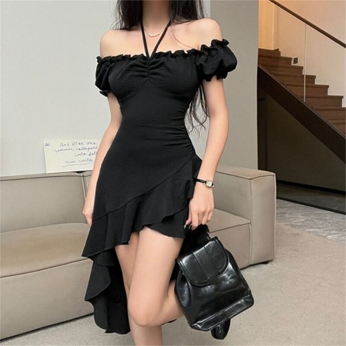 Womens Midi Dress Off The Shoulder Ruffle Party Dresses Irregular Bodycon Dress - Picture 2 of 13