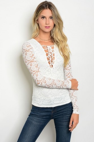 Misses Ivory White Long Sleeve Lace Top 