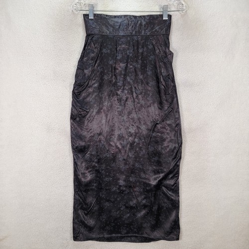 Vtg MainFrame Womens Skirt Size 3 Black Floral Satin High Waisted Midi Pencil