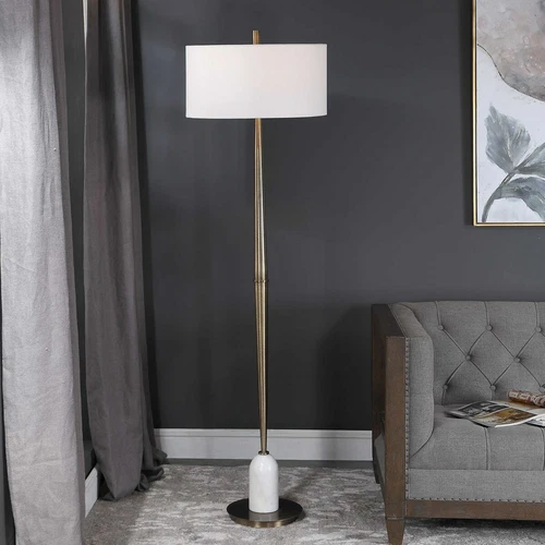 MINETTE MODERN 71" AGED BRASS METAL FLOOR LAMP STONE MARBLE DETAIL 28197 - Picture 1 of 4