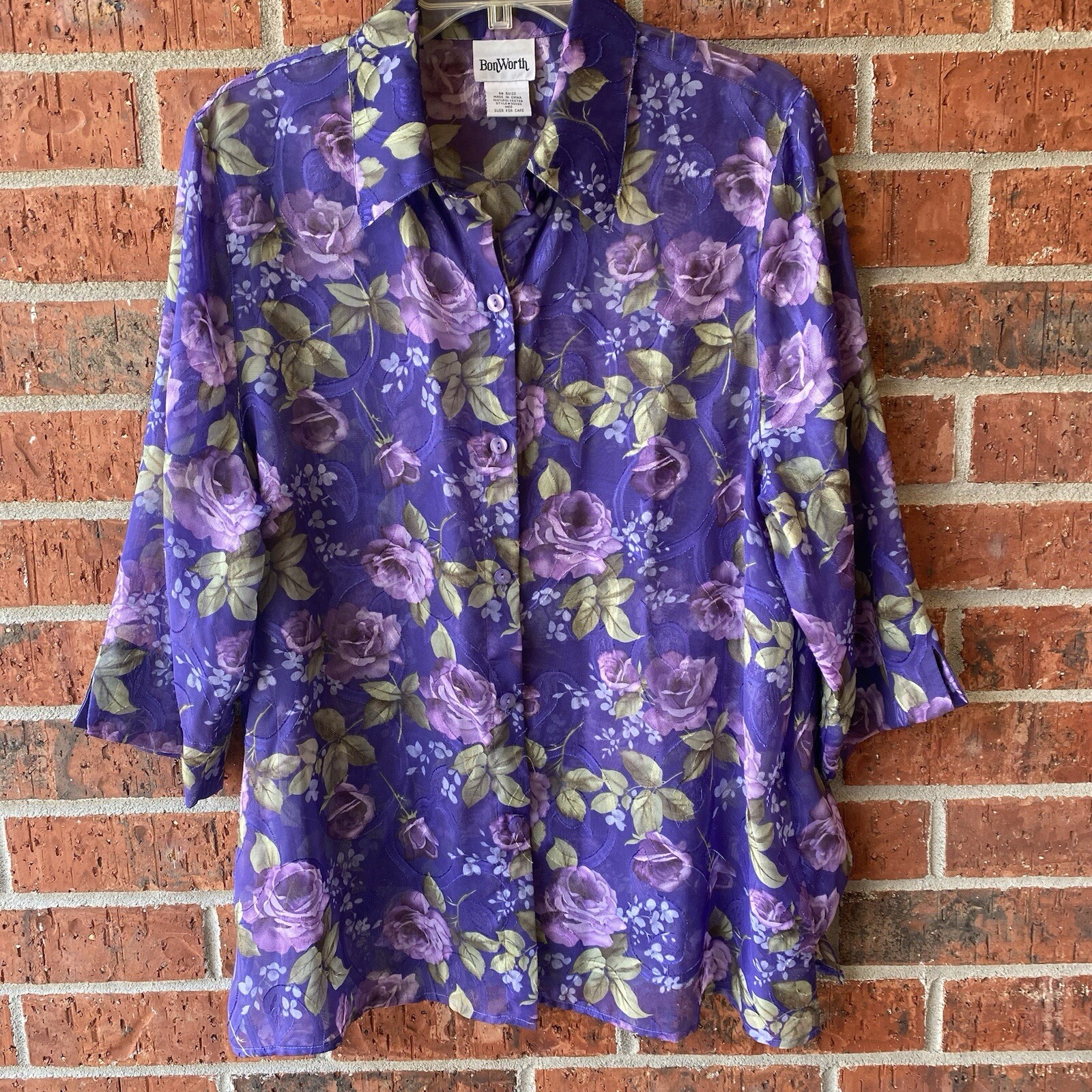 Bon Worth Sz Med Sheer Purple Floral Lightweight Blouse Over shirt