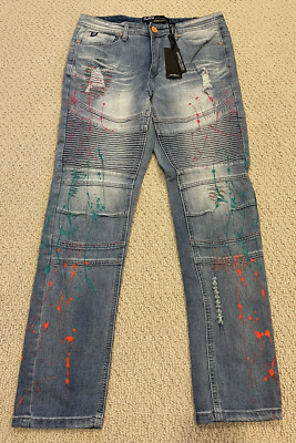NWT Men's Switch Blue Torn Moto Slim Taper Jeans w/ Paint