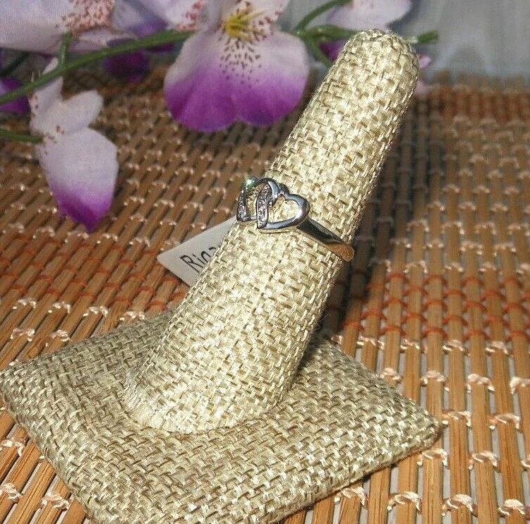 ANILLO DOBLE CORAZÓN CHAPADO EN ORO BLANCO 18K Rigant Circonita Cúbica ~ Talla 7 Foto 4 de 4
