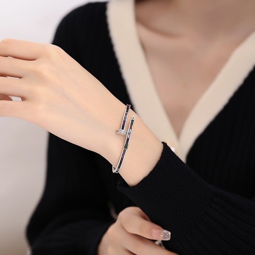 S925 Solid Sterling Silver Vintage Rainbow Cubic Zirconia Nail Open Cuff Bangles - Picture 2 of 6
