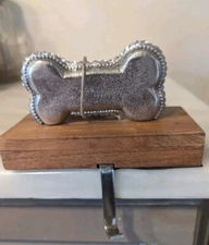 Christmas Dog Bone Stocking Holder/Hanger Silver Tone With Crystals On Wood NWT