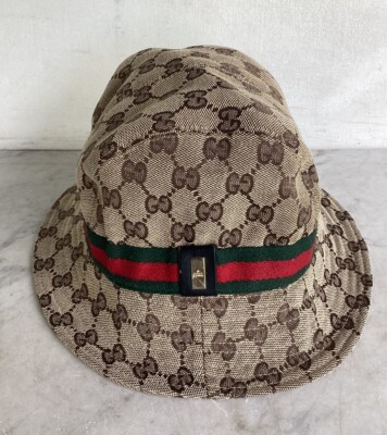 Vintage GUCCI Monogram Canvas Web Bucket Hat Unisex Size M