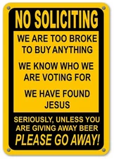 No Soliciting Humor Yellow Sign Go Away Front Door Fence Window Funny Yard Signs
