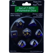 SET OF 7 POLYHEDRAL DICE: TRANSLUCENT DARK BLUE WITH GOLD NUMBERS