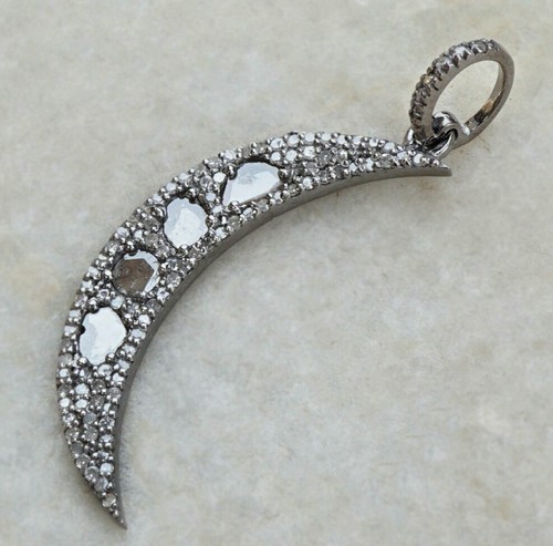 Pave Diamond Crescent Moon Shape Pendant 925 Silver Handmade Diamond Gift. - Picture 7 of 12
