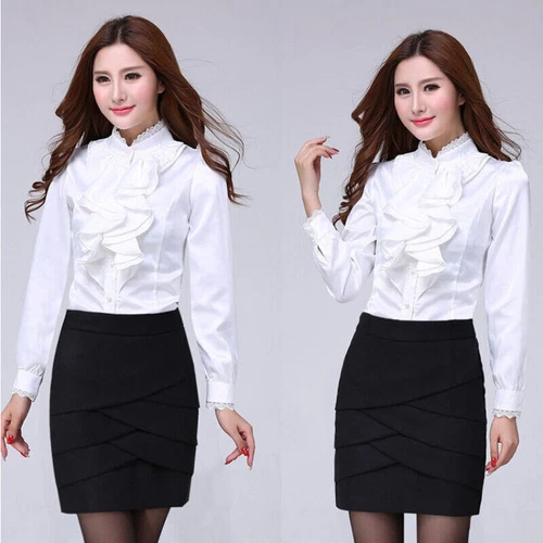 Women Ruffle Shirt Button Blouse Workplace Interview Top Long Sleeve Elegant - Picture 4 of 26