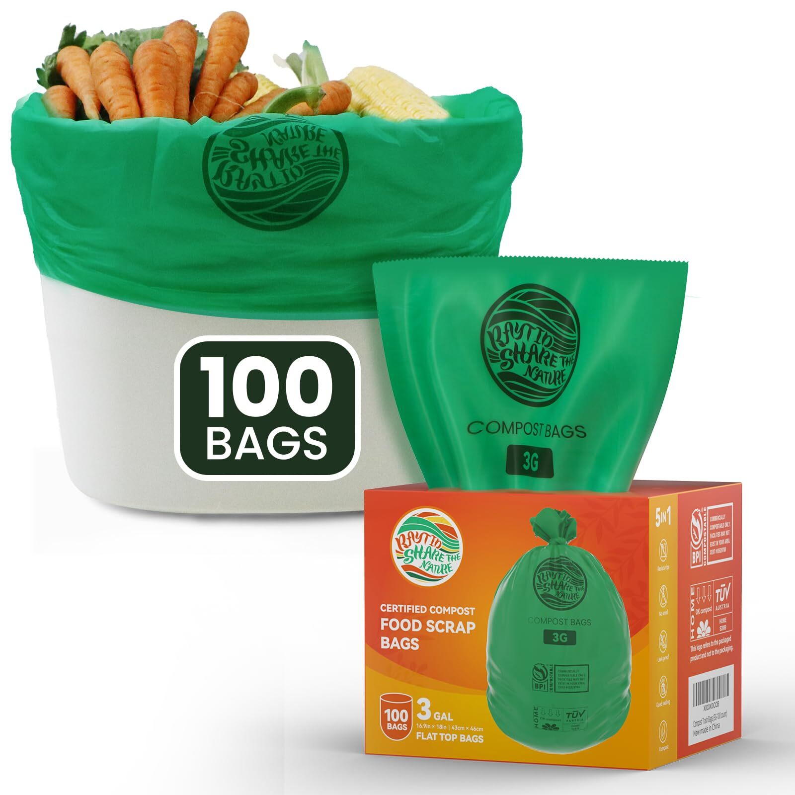 Compostable Trash Bags, 3 Gallon,compost bags for countertop bin,Food Scrap S...