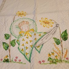 Satin Trim Silky Baby Blanket Throw Light Cream Quilt 35x40 Inch Vintage