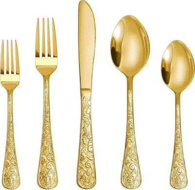 Vintage Carved Gold Stainless Steel 20 Pieces Flatware Set, Golden Silverware 