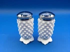 Vtg Fenton Hobnail Salt & Pepper Shaker Milk Glass Scalloped Footed w/Metal Lids