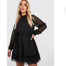 Boohoo High Neck Dobby Mesh Skater Dress in Black Women's Plus Size 16 NWT