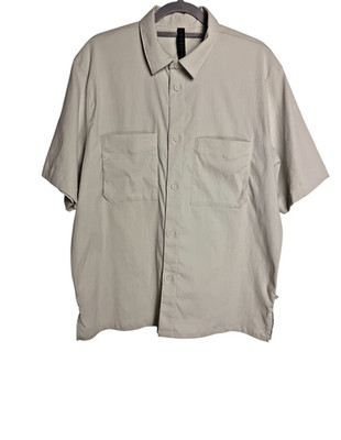 Lululemon Button Down Shirt Women L Stone Beige Nylon Short Sleeve Pockets