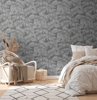 Florale Vliestapete Mit Dschungel Bemusterung – Anthrazit, Grau, Silber