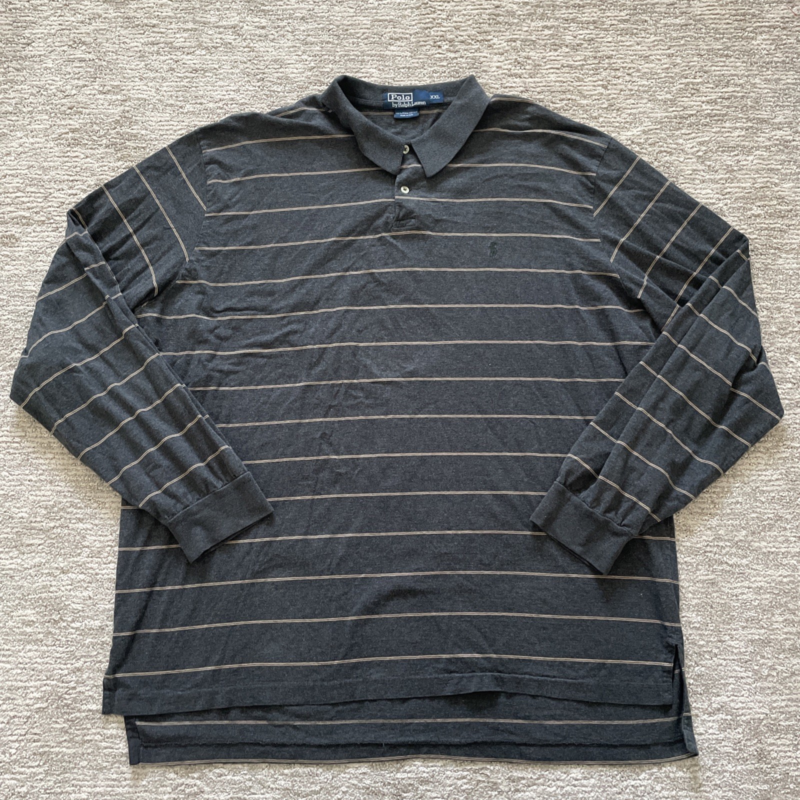 Vintage Polo Ralph Lauren Gray Striped Long Sleeve Polo XXL 100% Pima Cotton Y2K