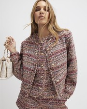 River Island Womens Bomber Jacket Red Boucle Cropped Round Neck Outerwear Top